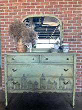 Load image into Gallery viewer, Grand Prairie Sage green dresser with bird cages IOD