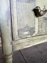 Load image into Gallery viewer, Grand Prairie Sage green dresser with bird cage close up view bird cage and bird drawer pulls