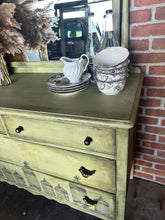 Load image into Gallery viewer, Grand Prairie Sage green dresser with bird cages top view
