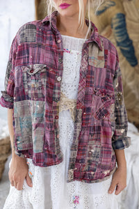 Madras Plaid patchwork shirt in pink front view up close 