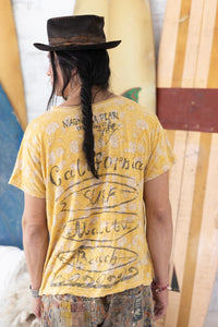 Hand lettered Malibu CA letters on shirt rear view