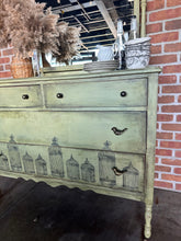 Load image into Gallery viewer, Grand Prairie Sage green dresser with bird cages IOD
