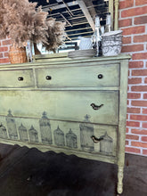 Load image into Gallery viewer, Grand Prairie Sage green dresser with bird cages IOD