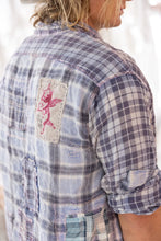 Load image into Gallery viewer, Blue madras patchwork shirt back view with cherub
