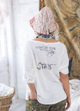 Load image into Gallery viewer, White t shirt says stars back view 
