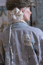 Load image into Gallery viewer, Denim patchwork jacket with signature patch back shoulder view 
