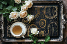 Load image into Gallery viewer, up close view of Golden tray with tea and roses ￼
