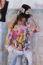Load image into Gallery viewer, Patchwork artist workshirt with LOVE and butterfly

