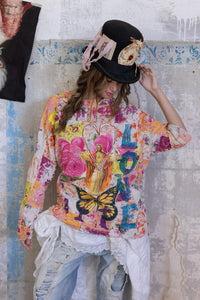 Patchwork artist workshirt with LOVE and butterfly
