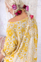 Load image into Gallery viewer, Yellow and white floral print with grey hawk neckline rear view
