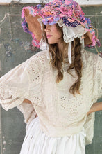 Load image into Gallery viewer, Eyelet  lace Bohemian shirt with rouched front view up close

