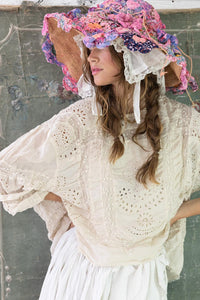 Eyelet  lace Bohemian shirt with rouched front view up close