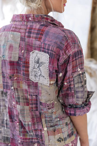 Madras Plaid patchwork shirt in pink back view up close