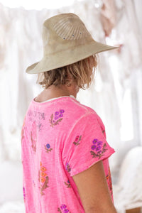 sideview Blockprint SUN within T Hand-Distressing (small holes) at Neckline, Shoulders & Hems