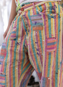 Striped patchwork colorful Pants front view up close