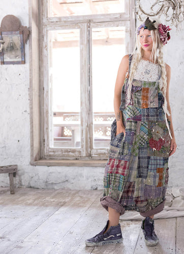 Full view baggy plaid overalls