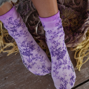 Up close, distressed, lavender floral socks