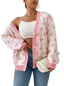 MakeMeChic Women's Plus Size Heart Print Long Sleeve Drop Shoulder Button Front Cute Cardigan Sweater Coat Pink White 3XL
